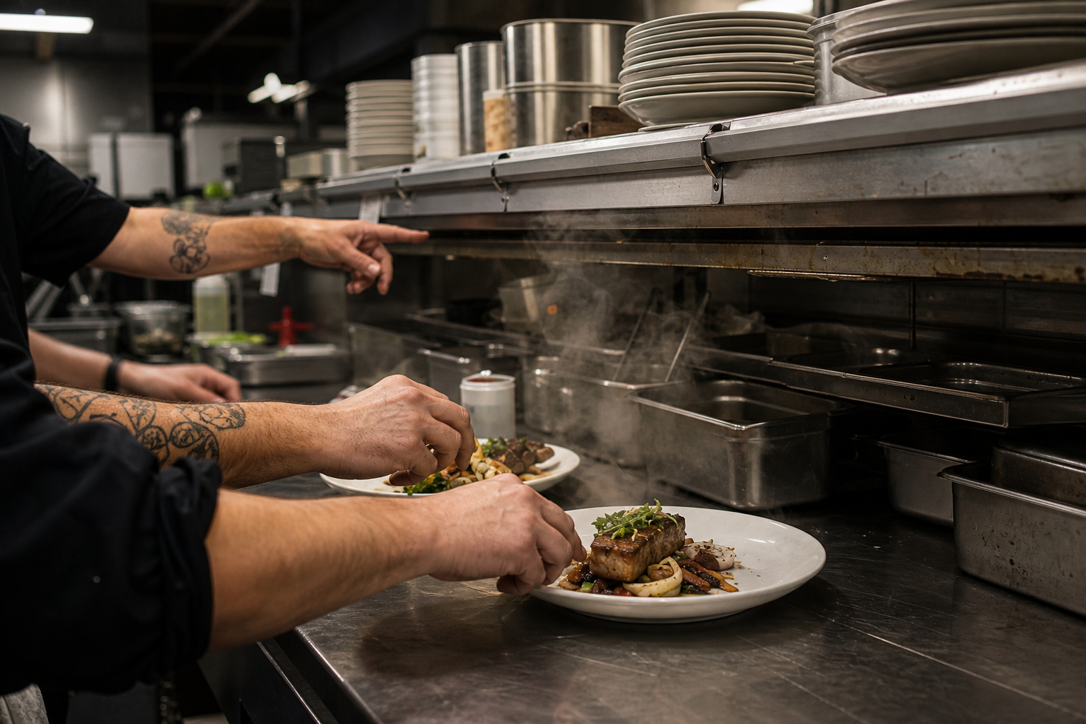 Cooks coordinate plating at a working restaurant pass during service